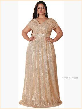 Plus Size Sequined V Neck Maxi Formal Prom Evening Dress A-Line
